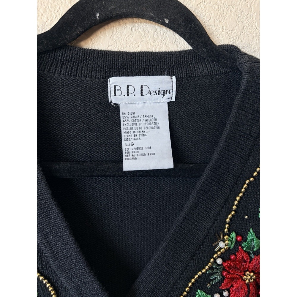 Vintage Christmas BP Designs L Black Poinsettia Holiday Cardigan Sweater beaded - Picture 4 of 5
